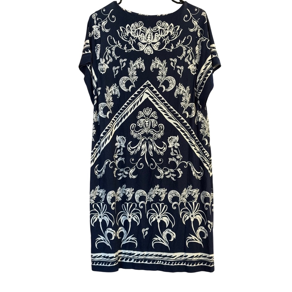 Chicos Navy Blue White Damask Floral Knit Shift Dress Size 1 Medium Short Sleeve - Picture 3 of 5